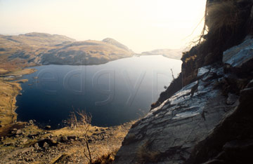 Comp image : ld00811 : Stickle Tarn from half way up the 'Jack's Rake' route up Pavey Ark, in the Lake District. Strong winter sun.