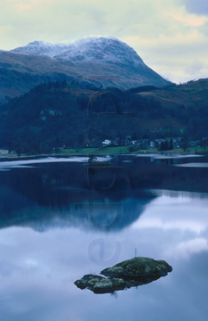 Comp image : ld02315 : Autumn evening view across Ullswater to Glenridding, in the Lake District, with St. Sunday Crag in snow behind
