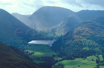 Comp image : ld04713 : The distinctive square shape of Brothers Water from Place Fell, over Patterdale in the English Lake District, with Kirkstone Pass in hazy sun in the distance