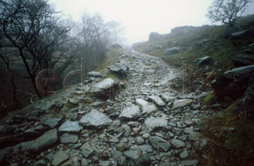 Comp image : ldm0202 : A damp, heavy mist hangs over the stones of the track up to the disused mine in Greenburn, below Wetherlam in the English Lake District