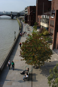 Comp image : lond010122 : Aerial view of people walking in the sunshine on the paved walkway beside the River Thames in London, England - others sitting on a bench under a tree