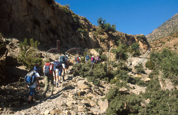 Comp image : mgun0517 : A party of trekkers with rucksacks walk up a dry dusty valley with scrub vegetation in strong sun, in the High Atlas mountains of Morocco