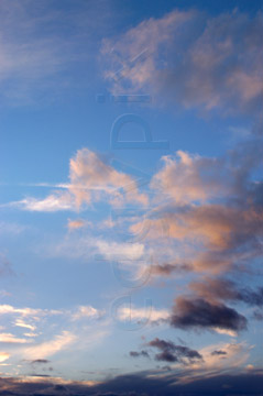 Comp image : sky020851 : Pink tinted cumulus clouds spread out against a blue evening sky