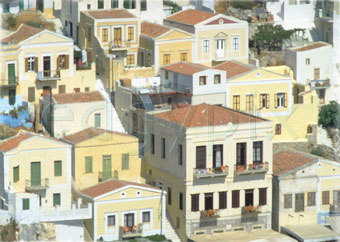 Comp image : steps : Light colours and red roofs of cluttered houses on a Greek island. Watercolour on textured paper effect.