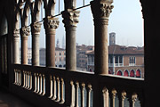 Silhouette of stone pillars and balustrade of the Ca' d'Oro in Venice, Italy