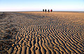 Close-up of strongly defined rippled sand in low winter sun at low tide on the flat North Norfolk coast of England, with four people walking in the distance