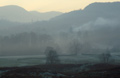 View through cold evening mist across a wooded valley in the English Lake District