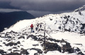 In the English Lake District, walkers head NW past fenceposts towards Red Pike in snow under a heavy sky
