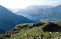 Looking down to Buttermere from Haystacks, in the English Lake District, in summer evening sunshine