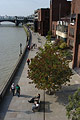 Aerial view of people walking in the sunshine on the paved walkway beside the River Thames in London, England - others sitting on a bench under a tree