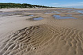 Ripples in wet sand in sunshine, on a deserted beach at low tide on the flat North Norfolk coast of England