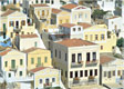 Light colours and red roofs of cluttered houses on a Greek island. Watercolour on textured paper effect.