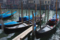 Gondolas moored in strong sunshine on the Grand Canal [Canal Grande] in Venice, Italy